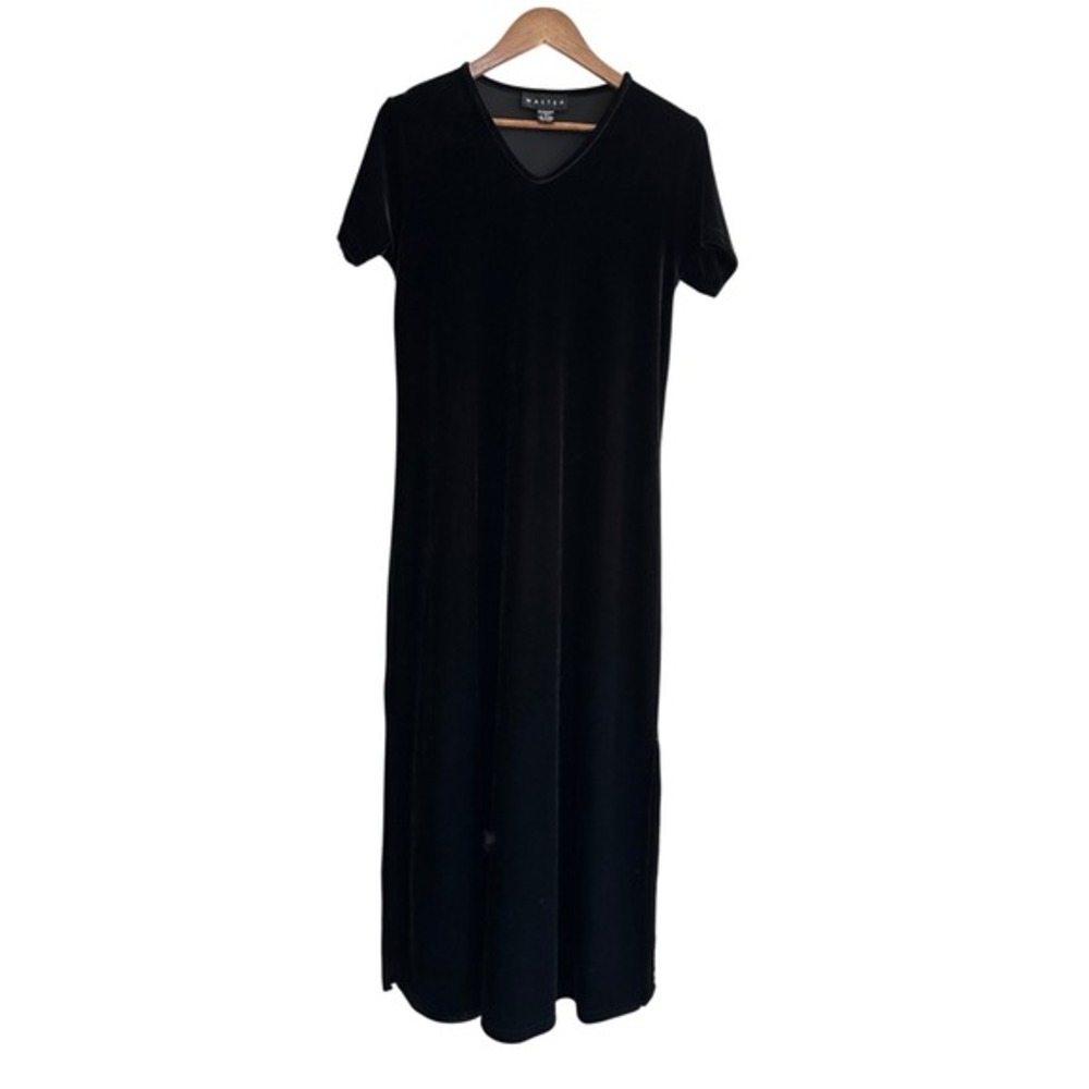 Vintage Walter Women's Black Velvet V-Neck Short Sleeve Maxi‎ Dress Whimsigoth